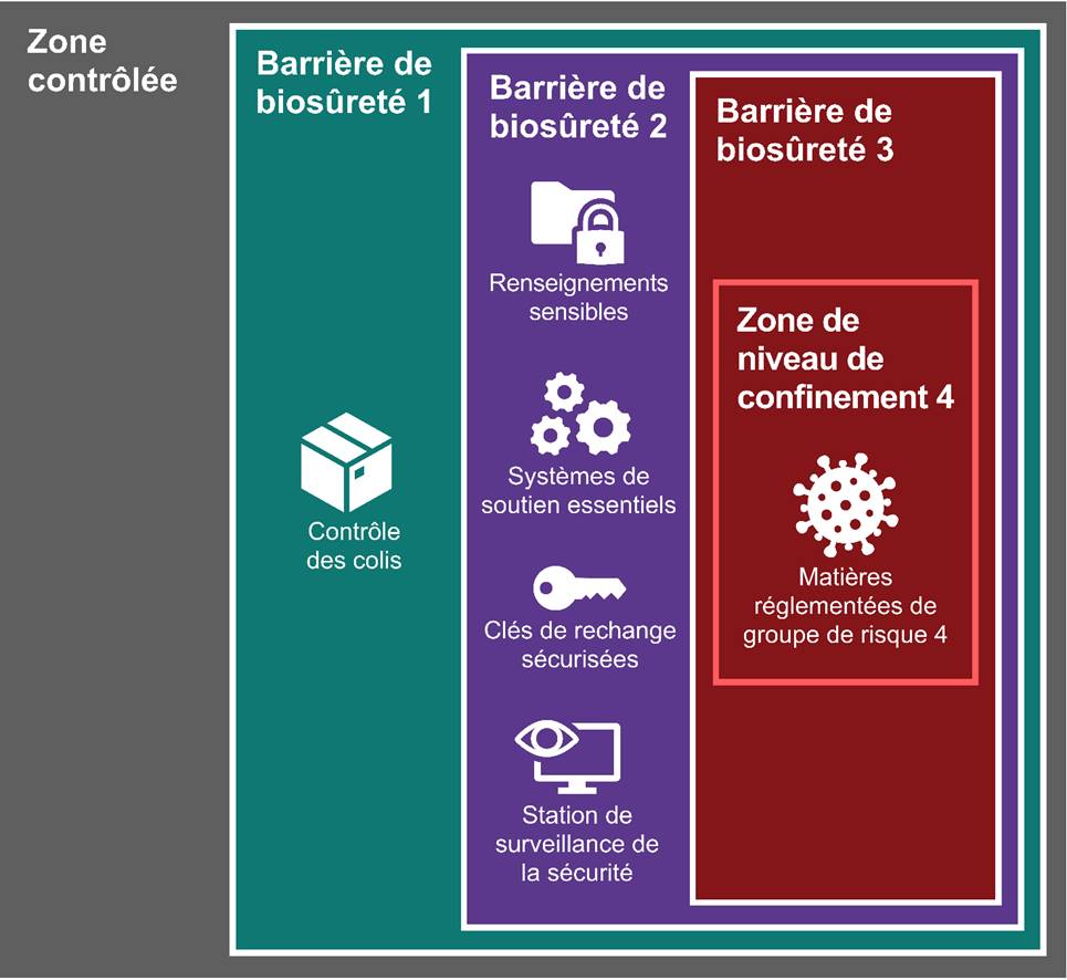 Quatre couches imbriquées sont établies afin de protéger les ressources. La zone contrôlée est la première couche de protection et contient trois niveaux de barrières de biosûreté imbriquées protégeant des ressources de plus en plus sécurisées. La barrière de biosûreté 1 est la deuxième couche et protège l’espace de contrôle des colis. La barrière de biosûreté 2 est la troisième couche et protège les renseignements sensibles, les systèmes de soutien essentiels, les clés de rechange sécurisées et la station de surveillance de la sécurité. La barrière de biosûreté 3 est la quatrième couche et protège la zone de niveau de confinement 4 et les matières réglementées de groupe de risque 4.