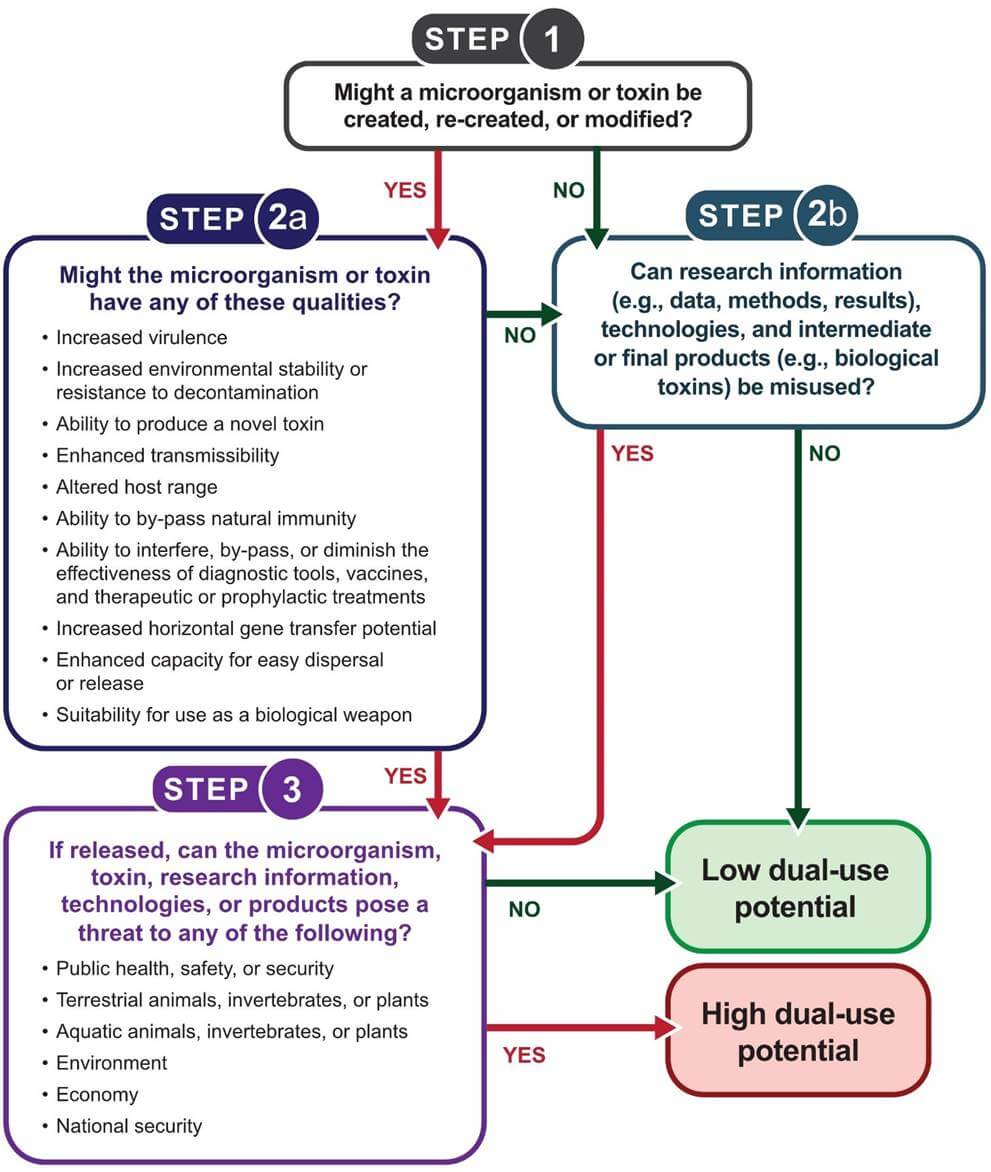 Decision tree to assess the dual-use potential of life science research. 
Step 1: Might a microorganism or toxin be created, re-created, or modified? If yes, Step 2a. If no, Step 2b. 
Step 2a: Might the microorganism or toxin have any of these qualities? Increased virulence; increased environmental stability or resistance to decontamination; ability to produce a novel toxin; enhanced transmissibility; altered host range; ability to by-pass natural immunity; ability to interfere, by-pass, or diminish the effectiveness of diagnostic tools, vaccines, and therapeutic or prophylactic treatments; increased horizontal gene transfer potential; enhanced capacity for easy dispersal or release; suitability for use as a biological weapon. If yes, Step 3. If no, Step 2b. 
Step 2b: Can research information (e.g., data, methods, results), technologies, and intermediate or final products (e.g., biological toxins) be misused? If yes, Step 3. If no, dual-use potential is low. 
Step 3: If released, can the microorganism, toxin, research information, technologies, or products pose a threat to any of the following? Public health, safety, or security; terrestrial animals, invertebrates, or plants; aquatic animals, invertebrates, or plants; environment; economy; national security. If yes, dual-use potential is high. If no, dual-use potential is low.